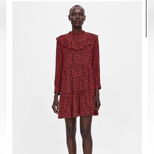 Zara Red and Black Printed Ruffle-Trim Mini Dress